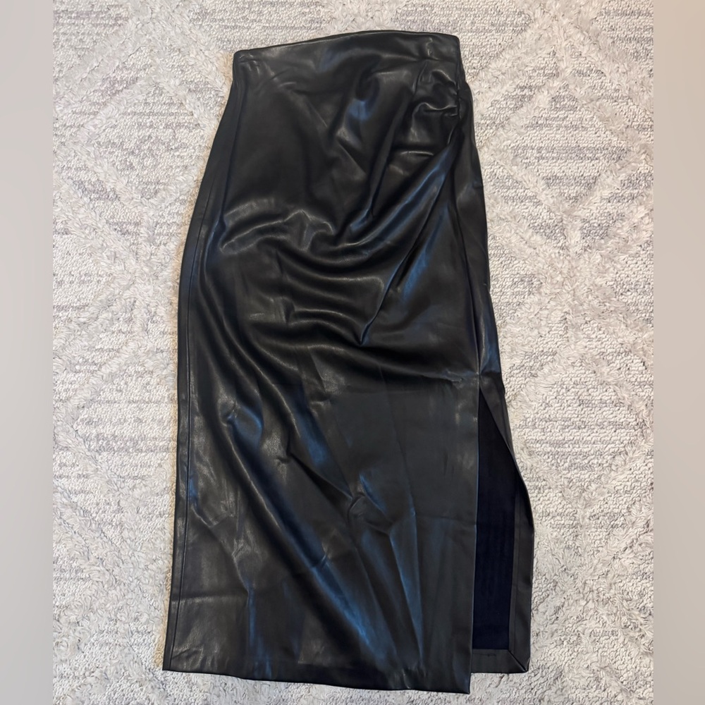 Black leather midi skirt